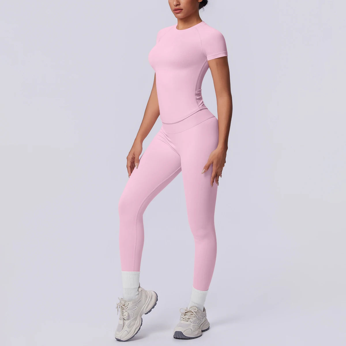 Rooftrellen New 2PCS/set Yoga Set Summer Quick Drying Fitness Sports Workout Top T-Shirt High Stretch Seamless Yoga Leggings Set
