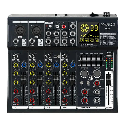 Fuluode M206/M208 Audio mixer 99 Preset DSP Effects 7-Band EQ Adjustment on Main Output Bluetooth USB MONO Input Connectivity