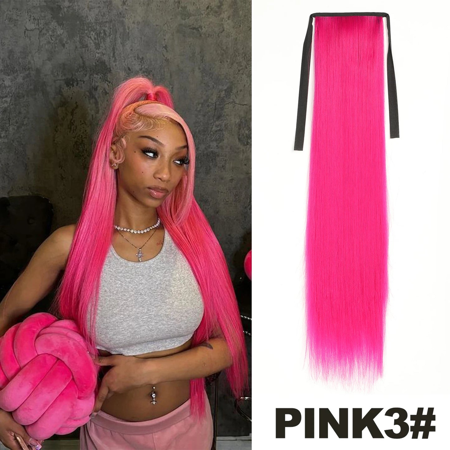 Straight Long Ponytail Extensions 22inch Natural Black Wrap Around Synthetic Hair Piece Pony Tail Hair Hairpieces for Women Girl