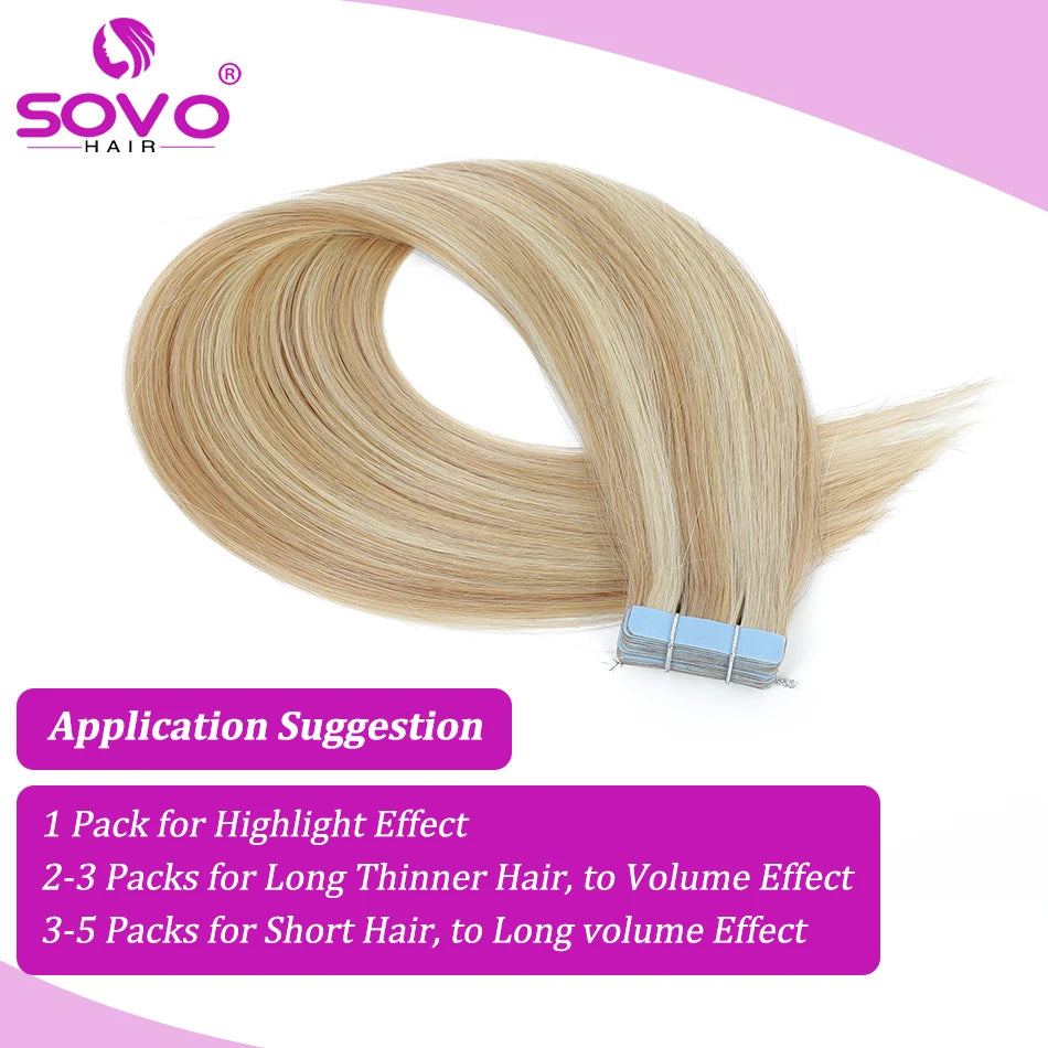 SOVO Tape in Hair Extensions 100% Remy Human Hair 20 Inch  20pcs  Balayage Skin Weft Tape in Extensions  12-26 inch
