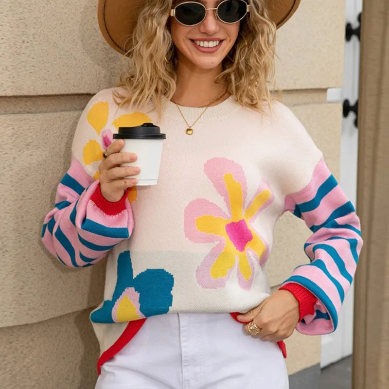 Winter Daily Commuting Women's Knitted Sweater Fashionable Flower Pattern Round Neck Long Sleeve Loose Sweater Casual Cute Top