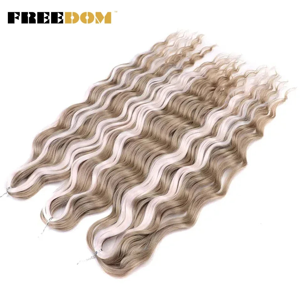 FREEDOM Synthetic Curly Braiding Hair Extensions 24 Inch/60 cm Long Deep Wavy Twist Crochet Braids Hair Ombre Brown Rainbow Hair