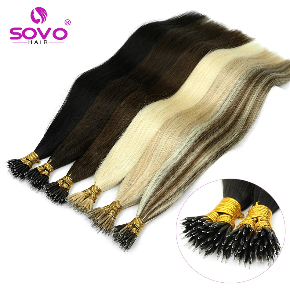 Nano Ring Hair Extensions Human Hair 100 Strands Remy European Straight Hair Natural Blonde Invisible Reusable