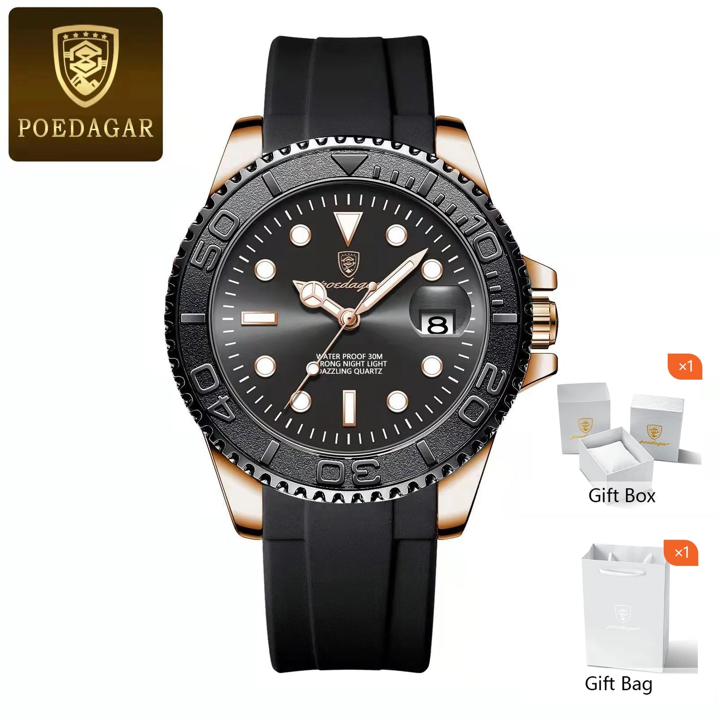 POEDAGAR Trendy Sport Man Watch Luminous Waterproof Stainless Steel Date Men Wristwatch Luxury Business Men's Quartz Watches+Box