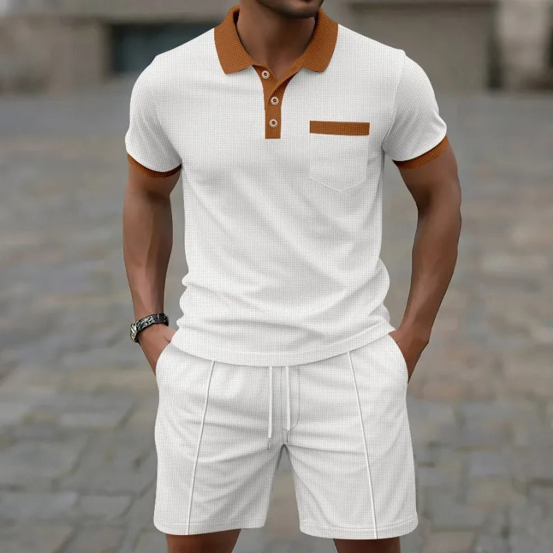 2026 Latest Summer Men's Fashion Casual Trendy Sports Contrast Collar Shirt and Drawstring Shorts 2-piece Fashion Casual Set