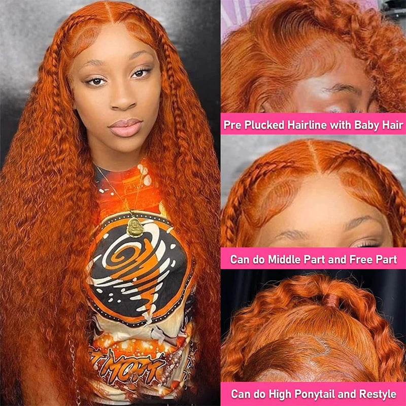 220% Density Ginger Orange Water Wave #350 Colored 13x6 HD Transparent Lace Front Wig Human Hair Deep Curly Wigs Pre Plucked