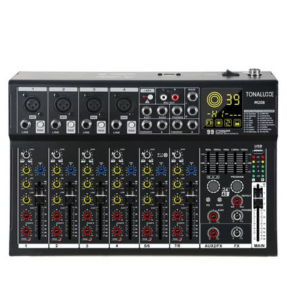 Fuluode M206/M208 Audio mixer 99 Preset DSP Effects 7-Band EQ Adjustment on Main Output Bluetooth USB MONO Input Connectivity