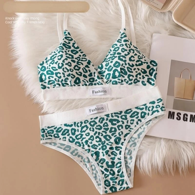 Women Push-Up Bra And Panties Set V-neck Non-wire Bra Low Waist Briefs Female Sexy Lingerie Cotton Leopard Print Underwear Set