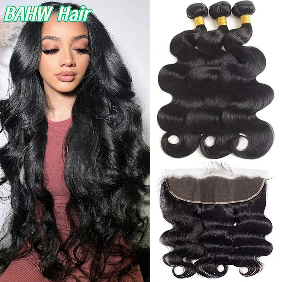 Body Wave Human Hair Bundles with Frontal Malaysian Virgin Hair Weave 3 Bundles with 13x4 Lace Frontal Hair Natural Black