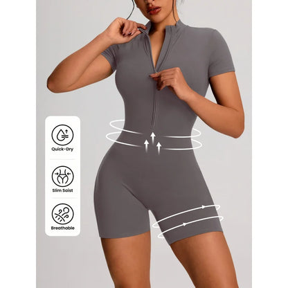 developed 1pc Solid Color Women's Sport Zip-up Stand-up Collar Casual Bodysuit Jumpsuit, Short Sleeves, Zipper Design