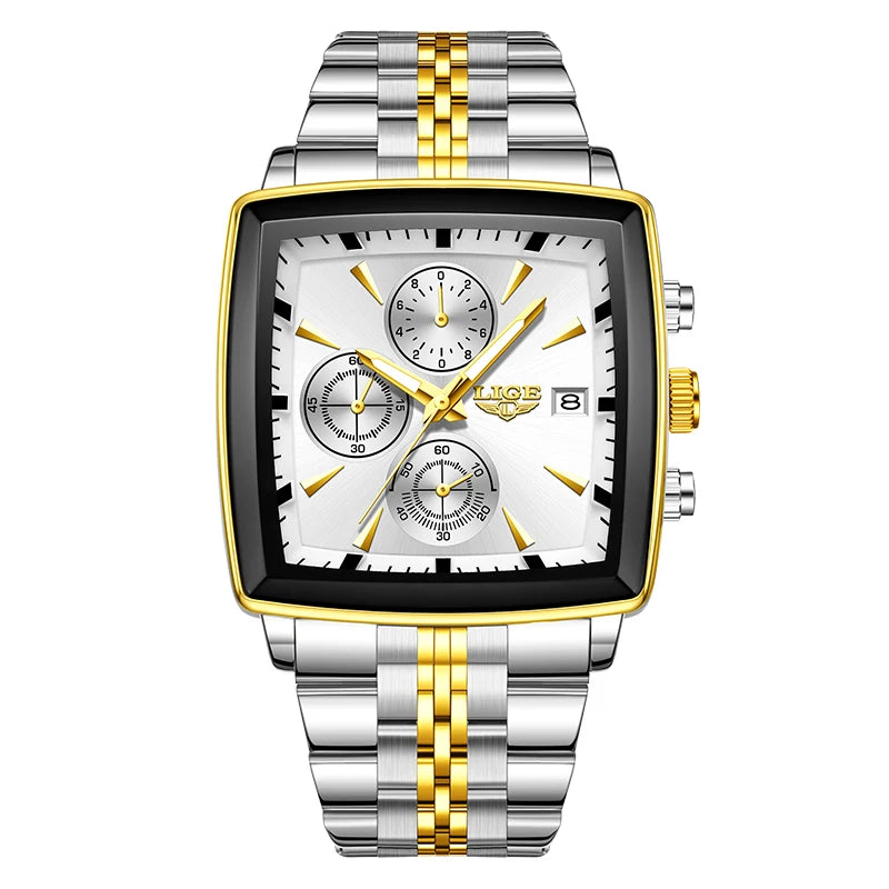 LIGE Business Men's Watches Square Waterproof Luminous Sports Quartz Watch Stainless Steel Strap Calendar Relogios Masculino+Box