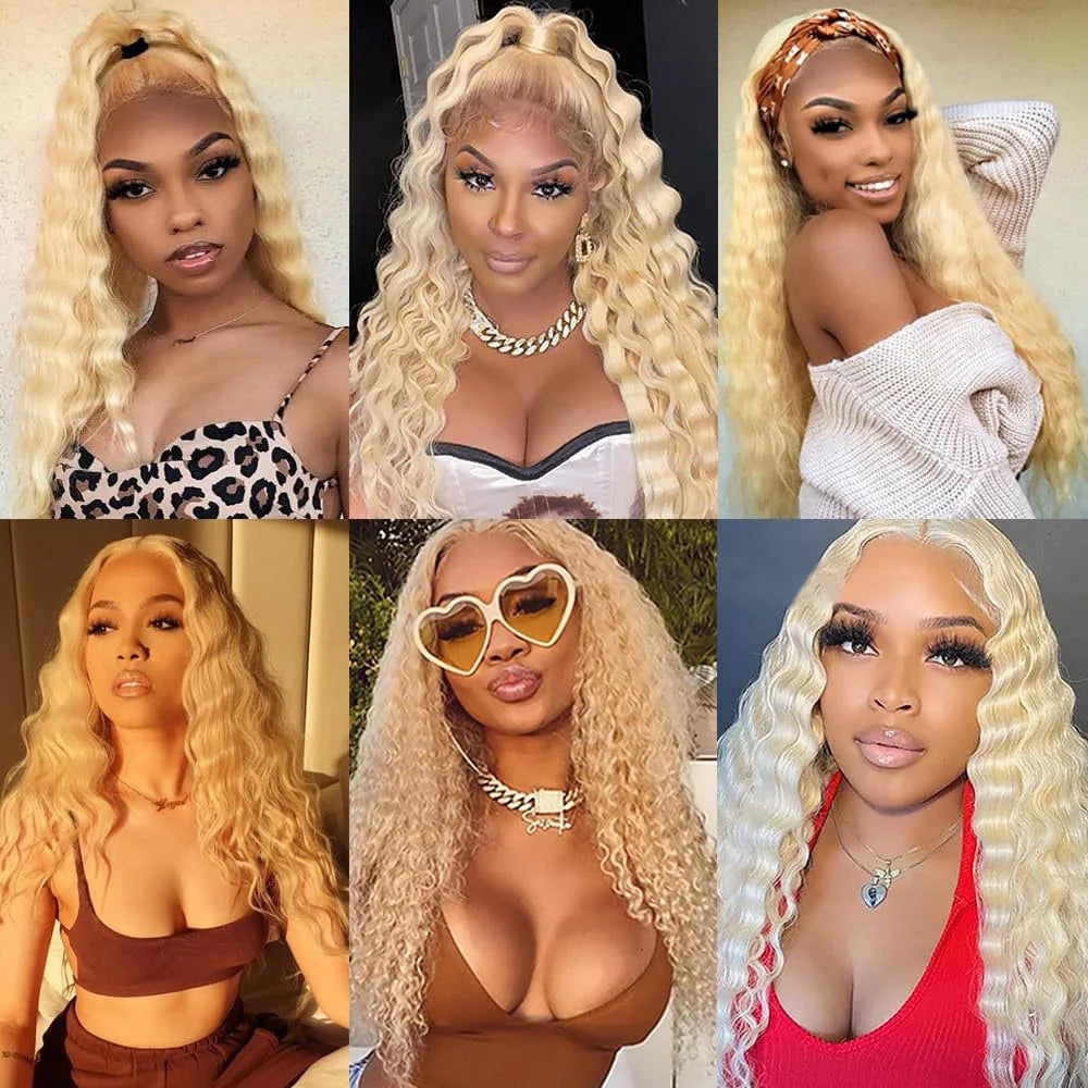 High Quality 613 Honey Blonde Colored Deep Wave Human Hair 1 3 4 Bundles Deal 28 30 32 Inch Long 100% Unprocessed Raw Vietnamese Human Hair Bundles Baby Soft Deep Curly Human Hair Bundles Extensions Can Be Dyed Wholesale Hair For Black Women Free Shipping