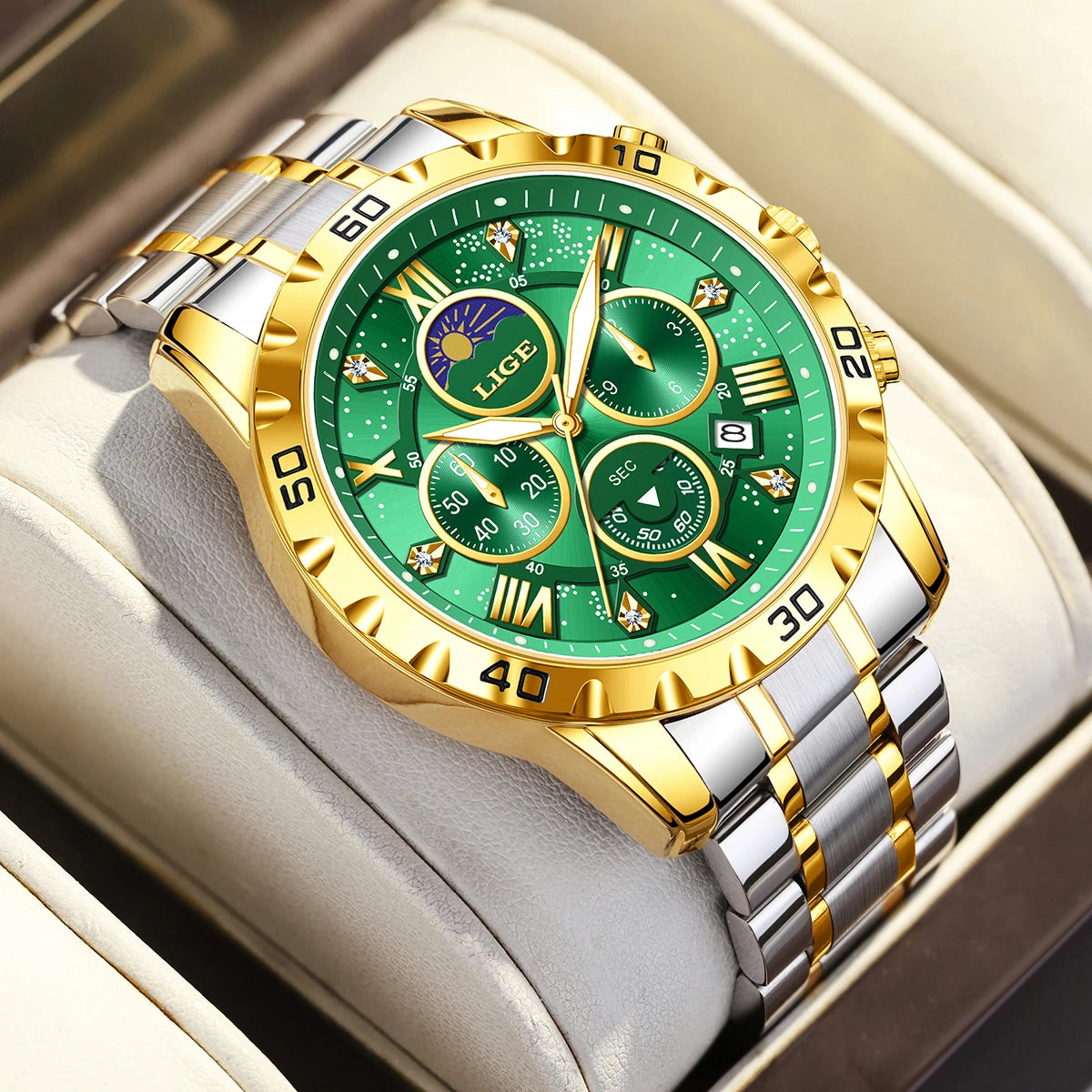LIGE Top Brand Luxury Quartz Man Watch Casual Sport Waterproof Stainless Luminous Chronograph 24H Moon Phase Watches for Men+Box