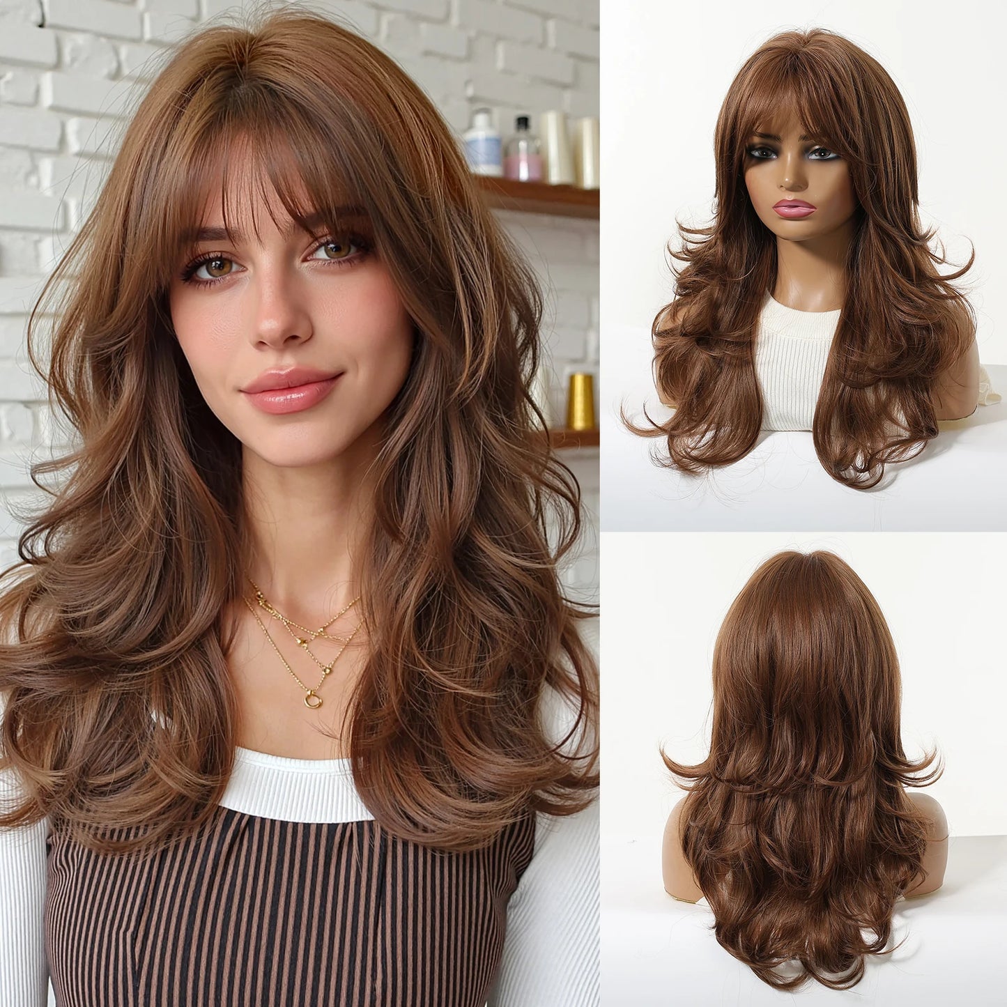 LOUIS FERRE Long Wavy Ombre Brown Wig with Bangs Synthetic Hair Wig Heat Resistant Daily Wear Office Party Cosplay Halloween