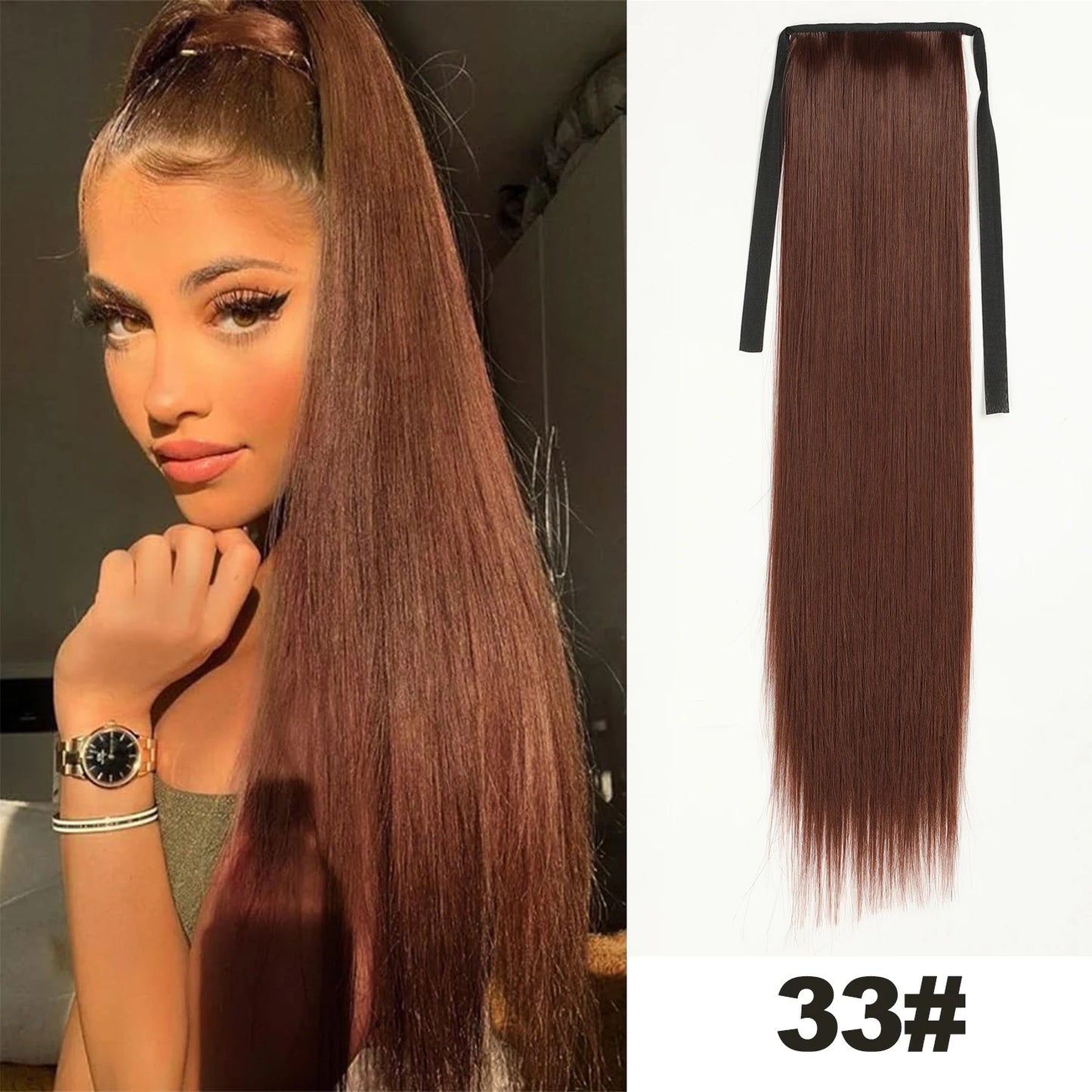 Straight Long Ponytail Extensions 22inch Natural Black Wrap Around Synthetic Hair Piece Pony Tail Hair Hairpieces for Women Girl