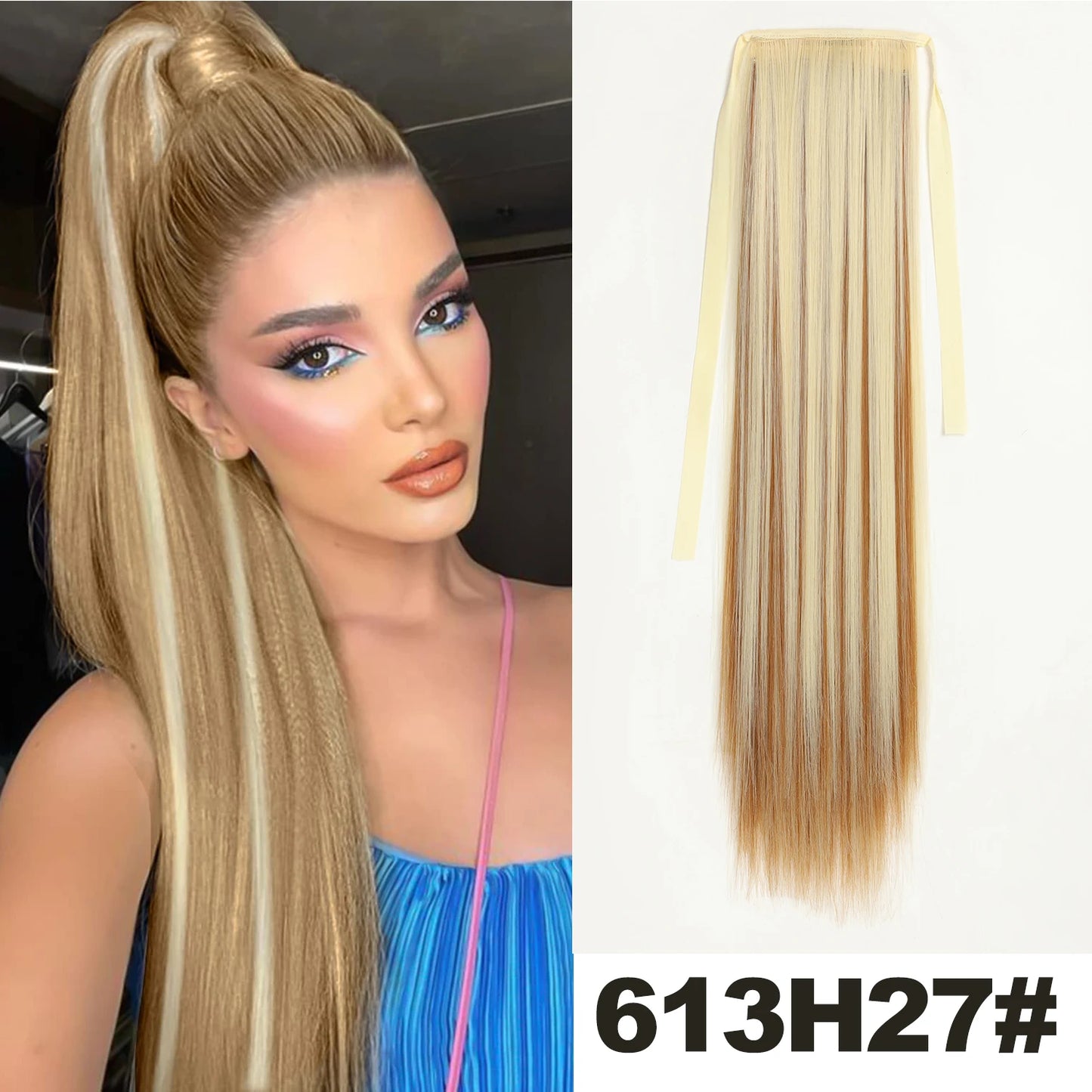 Straight Long Ponytail Extensions 22inch Natural Black Wrap Around Synthetic Hair Piece Pony Tail Hair Hairpieces for Women Girl