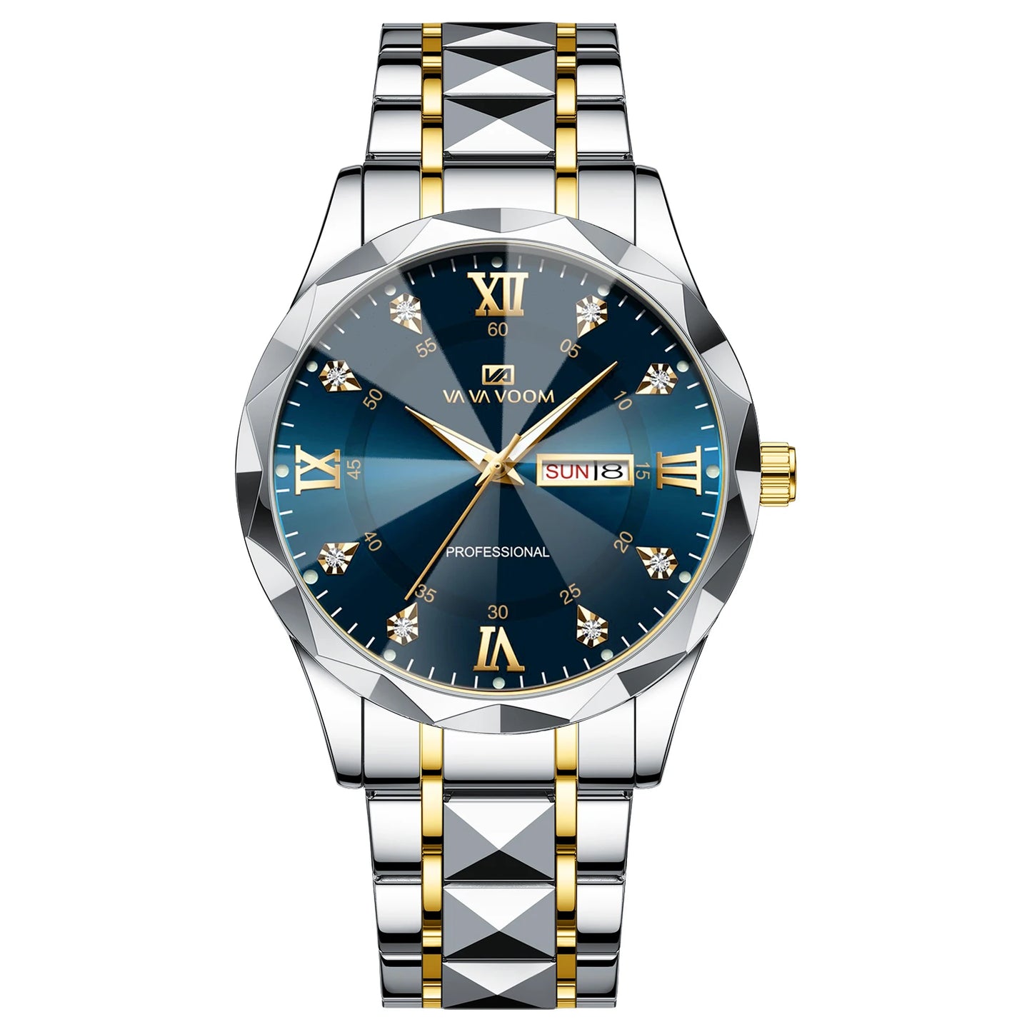VA VA VOOM Hot Selling Original Blue Gold Quartz Watch Men Fashion High Quality Japanese Movement Gold Stainless Steel Fashion Clock Sports Gift Watch Men Rhombus Design Business Quartz Watch Men Fashion Gold Clock Sports Gift Watch for Men