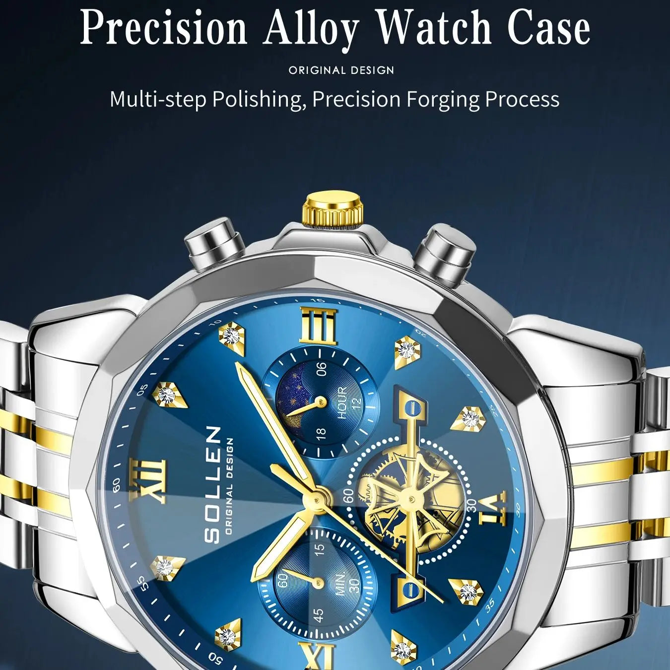 Men's Moon Phase Chronograph Watch, Ultra-Thin Automatic Day Date Watch with Stainless Steel Strap, Casual Dress Watch for Busin
