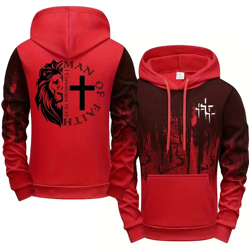 Man of Faith Pattern Men's Set Hooded Sweatshirt and Black Sweatpants Fall Winter Daily Casual Sports Jogger Suit Hoodie Outfits