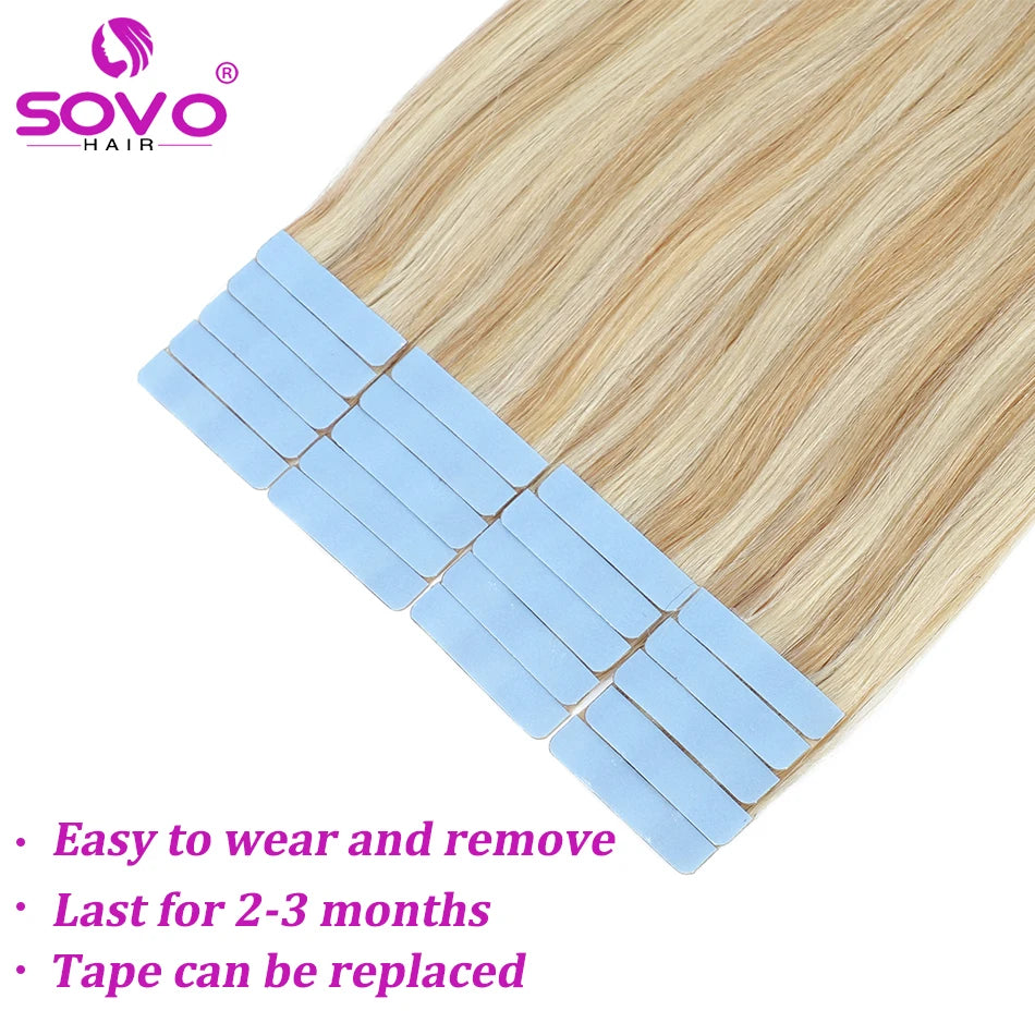 SOVO Tape in Hair Extensions 100% Remy Human Hair 20 Inch  20pcs  Balayage Skin Weft Tape in Extensions  12-26 inch