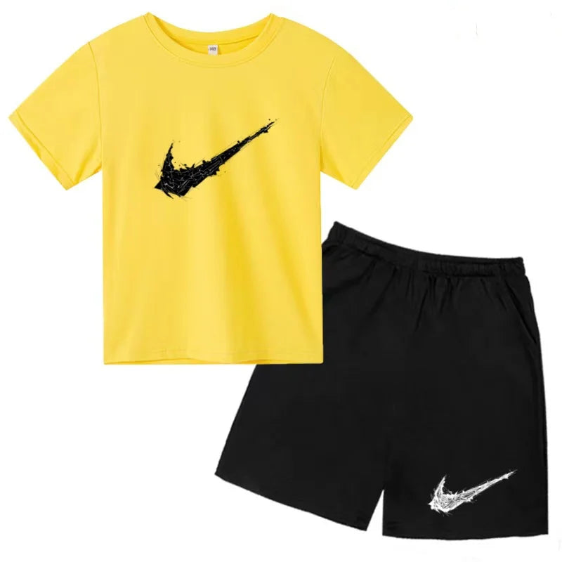 Summer Brand White T-shirt+Shorts Two-piece Set Kids New Clothing Fashion Letter Boy Girl3-13Yrs Sports Short-sleeved Casual Set