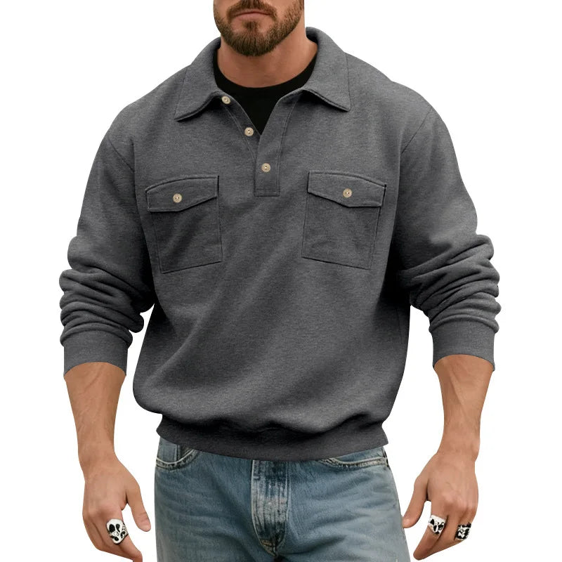 Men's 2026 European Size Heavyweight Sweatshirt, American Spring Autumn, Double Pocket Cargo Moto Style, Casual Turn-Down Collar