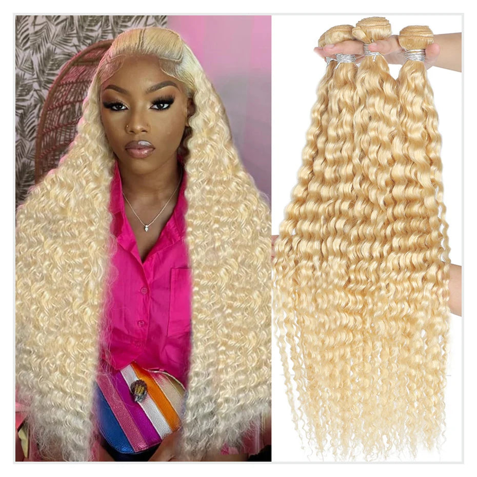 High Quality 613 Honey Blonde Colored Deep Wave Human Hair 1 3 4 Bundles Deal 28 30 32 Inch Long 100% Unprocessed Raw Vietnamese Human Hair Bundles Baby Soft Deep Curly Human Hair Bundles Extensions Can Be Dyed Wholesale Hair For Black Women Free Shipping