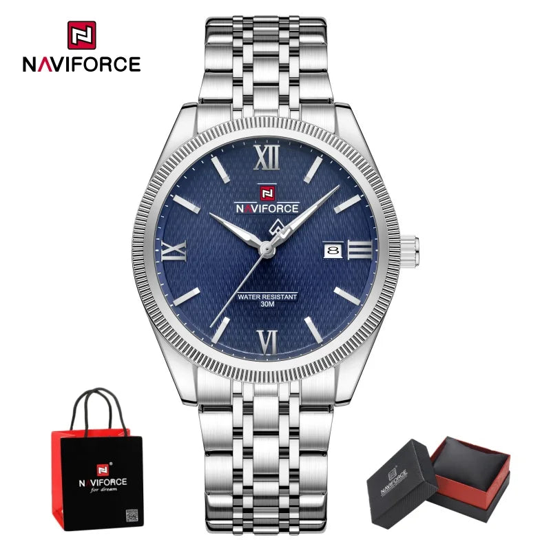 NAVIFORCE Men Elegant Business Stainless Steel Watch 30M Waterproof Luminous Hands Japan Movement Wristwatch Gifts box