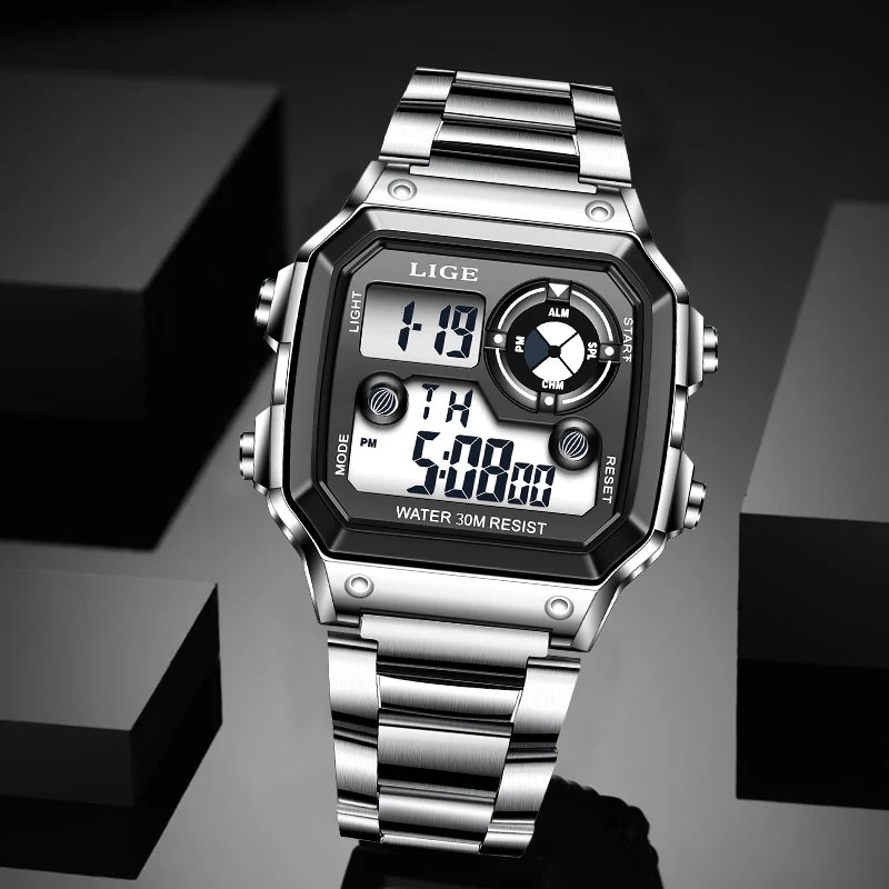 LIGE Fashion Casual Electronic Man Watch Sports Waterproof Luminous Alarm Stainless Steel Band Digital Men's Watches Chronograph