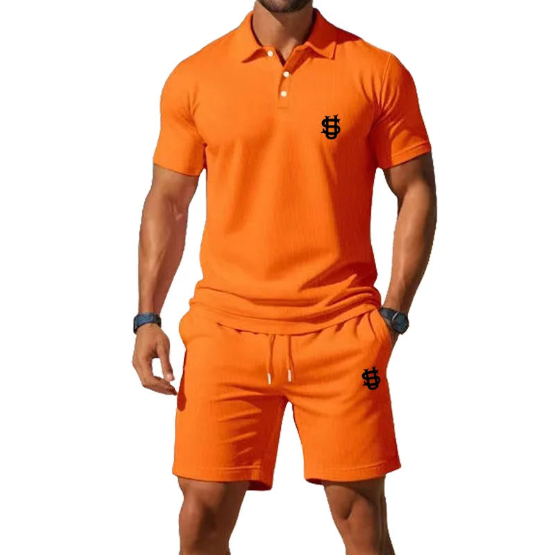 Men's summer sports outfit T-shirt top - two-piece set, including shorts, with a slim fit design and a gentleman's style