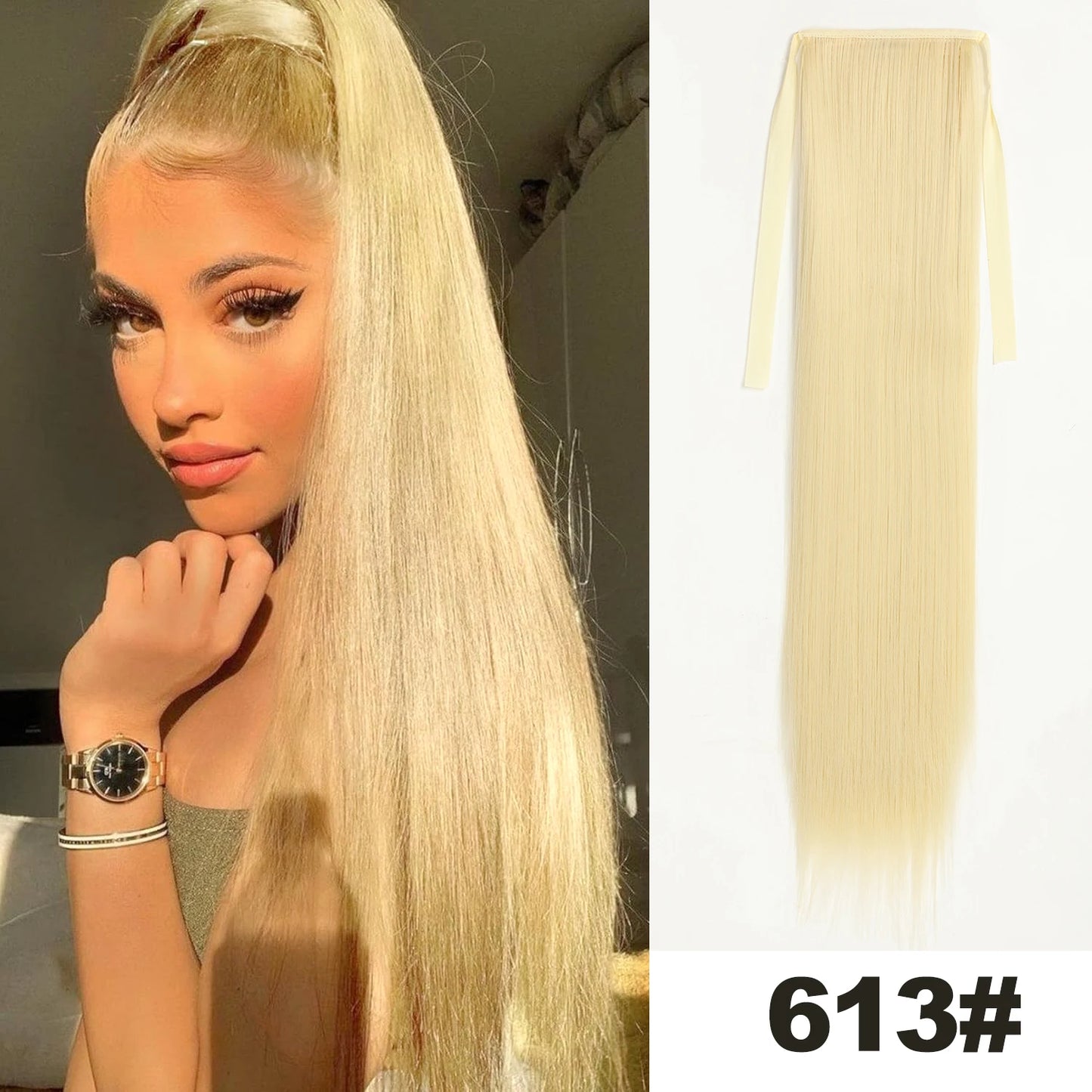Straight Long Ponytail Extensions 22inch Natural Black Wrap Around Synthetic Hair Piece Pony Tail Hair Hairpieces for Women Girl