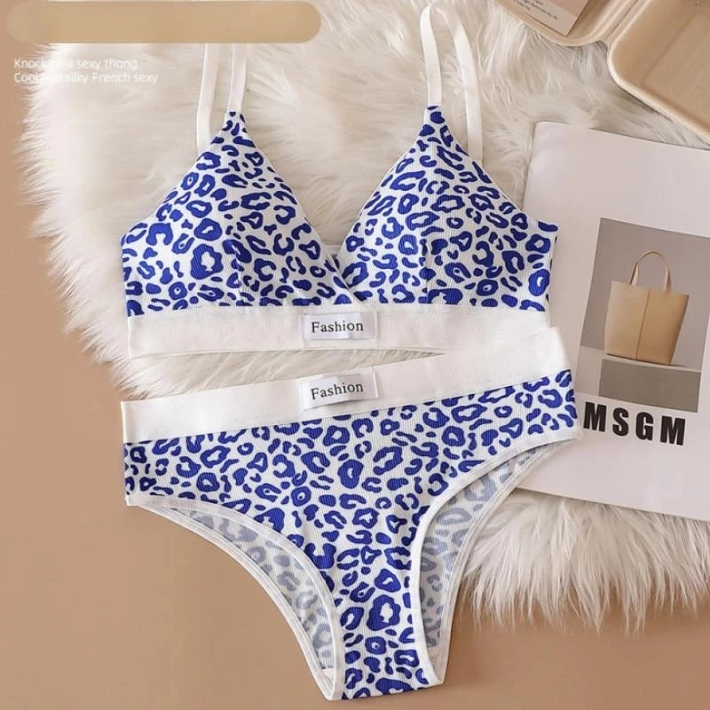 Women Push-Up Bra And Panties Set V-neck Non-wire Bra Low Waist Briefs Female Sexy Lingerie Cotton Leopard Print Underwear Set
