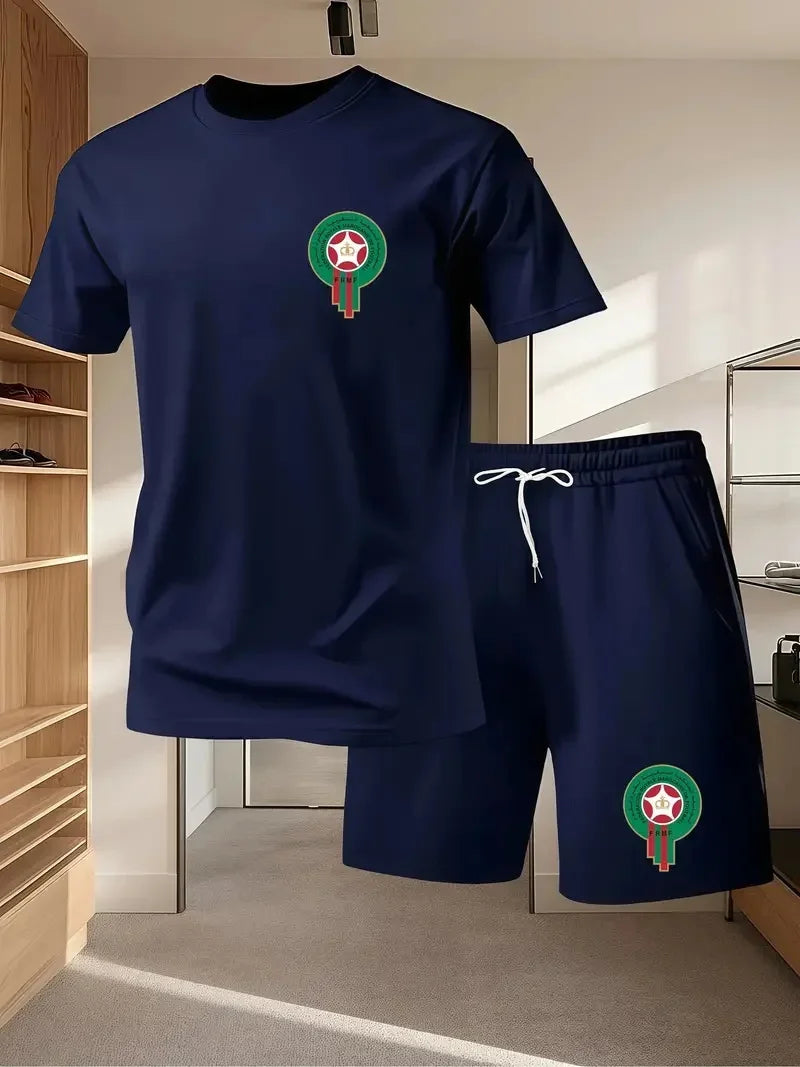 Youth Men's Fashionable Casual Sports Two-Piece Set Print Summer Short-Sleeved T-Shirt And Shorts Ensemble
