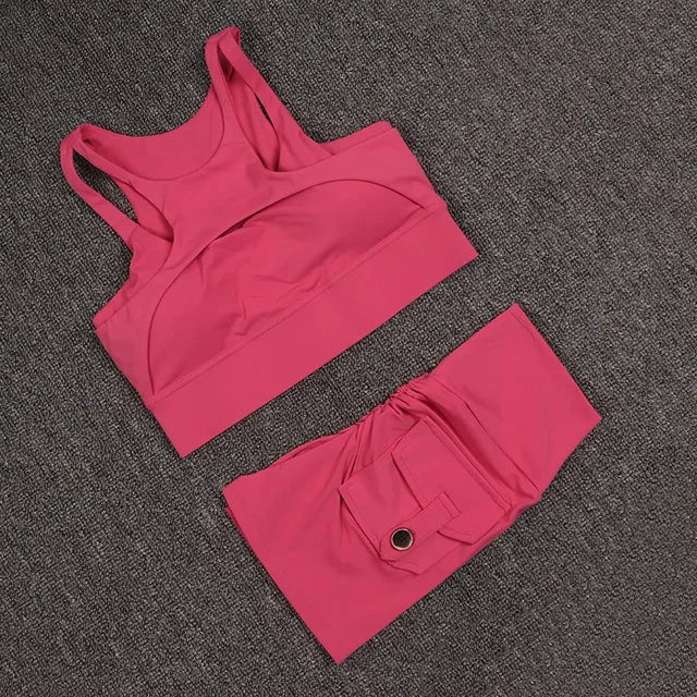 Fitness Shorts Yoga Sets Women's Tracksuit High Waist Sportswear Bra Workout Leggings Cycling Gym Shorts Sports Suit With Pocket