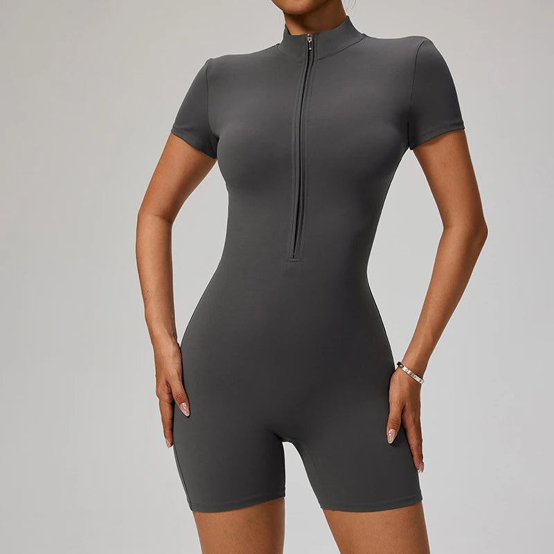 SOISOU Zipper Jumpsuit Women Short Sleeves Clothing Sportswear Woman Gym Yoga Sport Sets Nylon Workout Sets Women Tracksuit