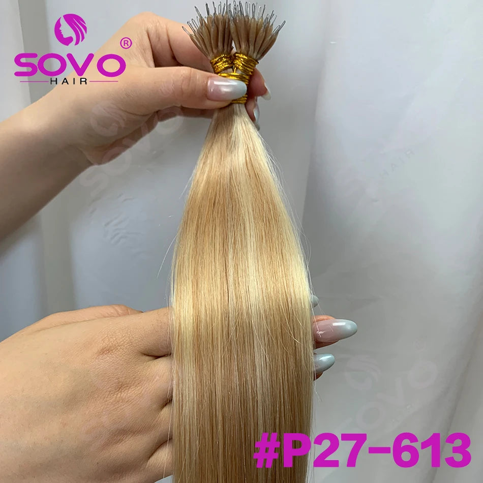 Nano Ring Hair Extensions Human Hair 100 Strands Remy European Straight Hair Natural Blonde Invisible Reusable