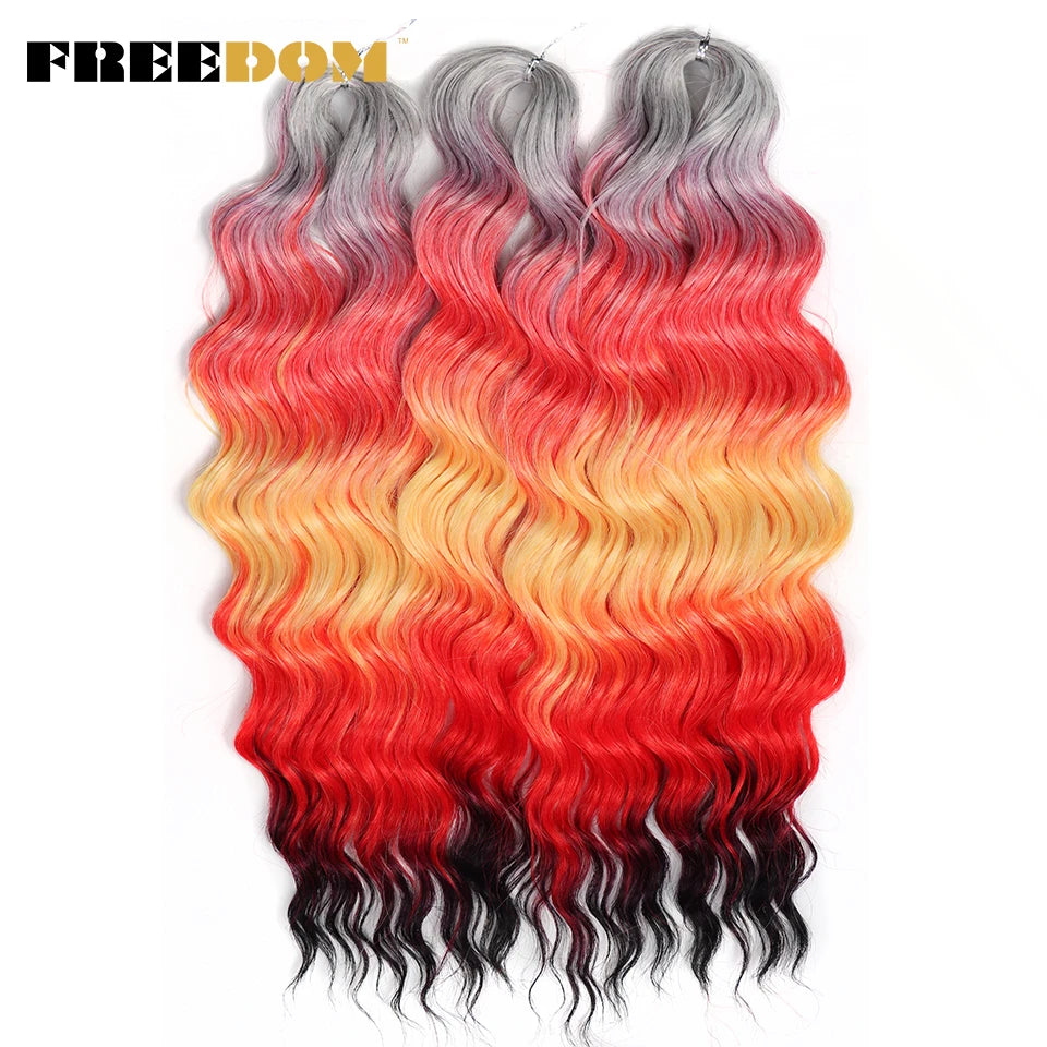 FREEDOM Synthetic Curly Braiding Hair Extensions 24 Inch/60 cm Long Deep Wavy Twist Crochet Braids Hair Ombre Brown Rainbow Hair