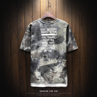 Summer Men's Short-sleeved T-shirt Korean Round Neck Loose Camouflage ins Hip-hop Fashionable Half-sleeved Fake Two-piece T-shirt Large Size