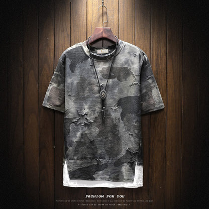 Summer Men's Short-sleeved T-shirt Korean Round Neck Loose Camouflage ins Hip-hop Fashionable Half-sleeved Fake Two-piece T-shirt Large Size