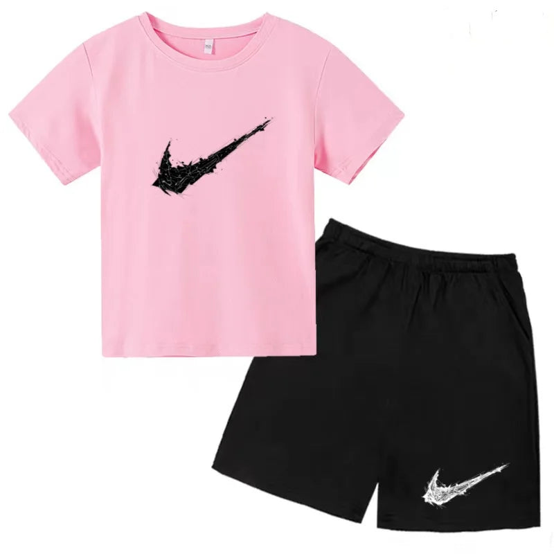 Summer Brand White T-shirt+Shorts Two-piece Set Kids New Clothing Fashion Letter Boy Girl3-13Yrs Sports Short-sleeved Casual Set