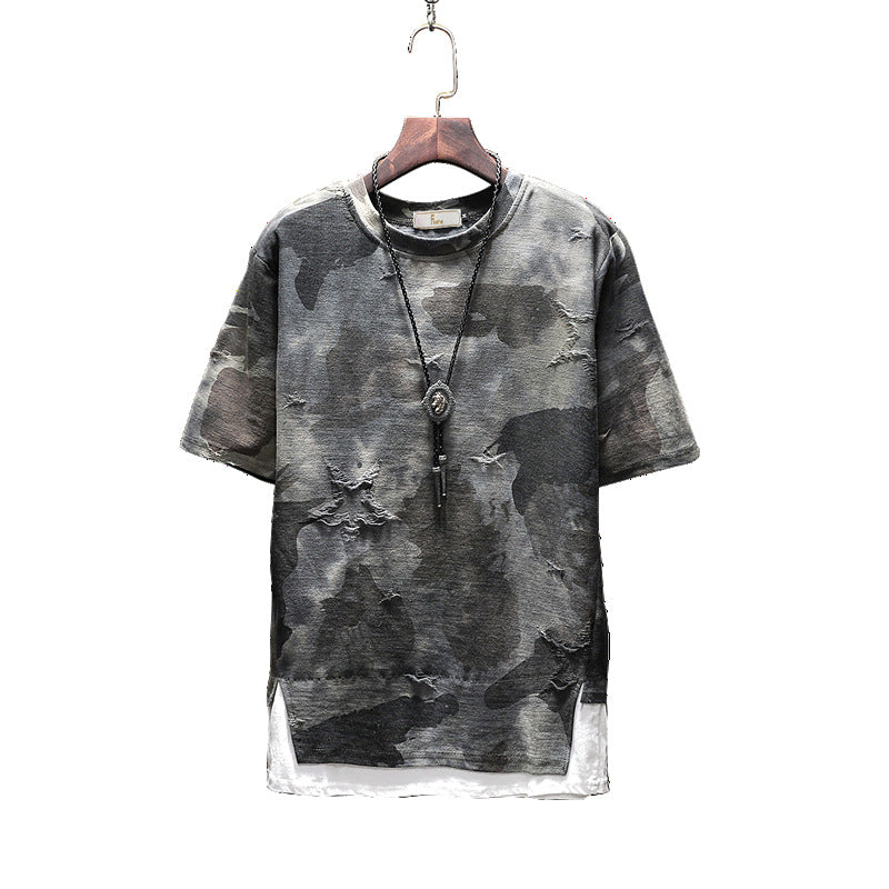 Summer Men's Short-sleeved T-shirt Korean Round Neck Loose Camouflage ins Hip-hop Fashionable Half-sleeved Fake Two-piece T-shirt Large Size