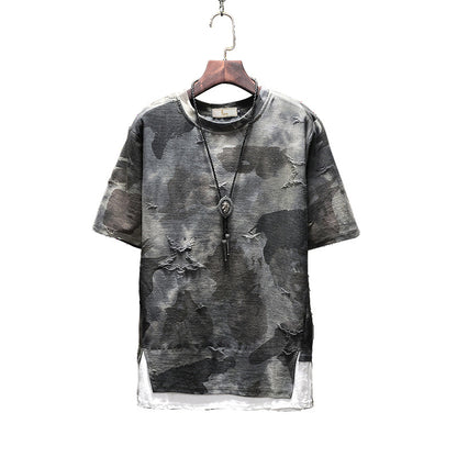 Summer Men's Short-sleeved T-shirt Korean Round Neck Loose Camouflage ins Hip-hop Fashionable Half-sleeved Fake Two-piece T-shirt Large Size