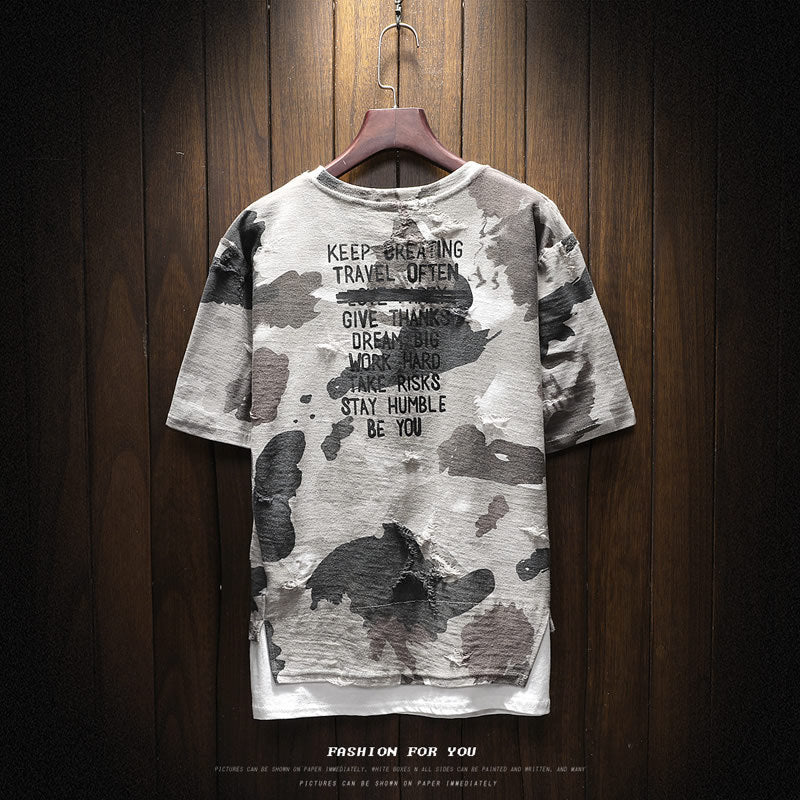 Summer Men's Short-sleeved T-shirt Korean Round Neck Loose Camouflage ins Hip-hop Fashionable Half-sleeved Fake Two-piece T-shirt Large Size