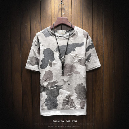 Summer Men's Short-sleeved T-shirt Korean Round Neck Loose Camouflage ins Hip-hop Fashionable Half-sleeved Fake Two-piece T-shirt Large Size