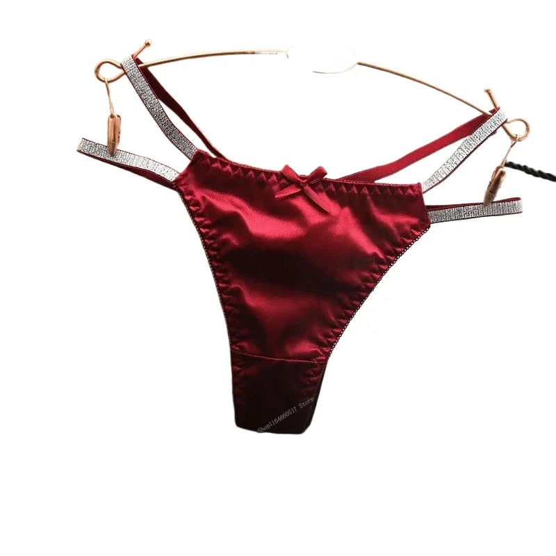 Sexy Silk Satin Thongs Hollow Out Fashion Solid Color Panties Cotton Crotch Low Waist Breathable Pure Color Women's Underwear