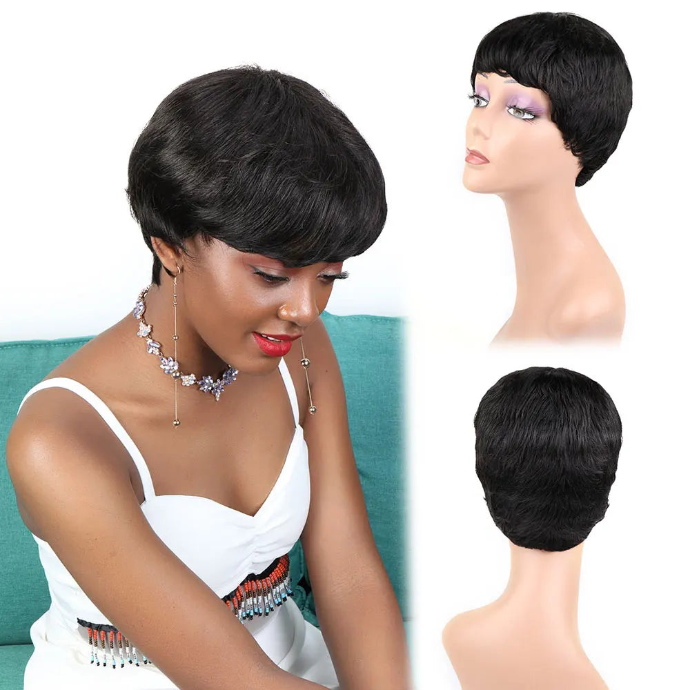 Bliss Short Human Hair Wigs Pixie Cut Straight Wigs for Black Women Full Machine Made Natural Color Cheap Remy Human Hair Wig