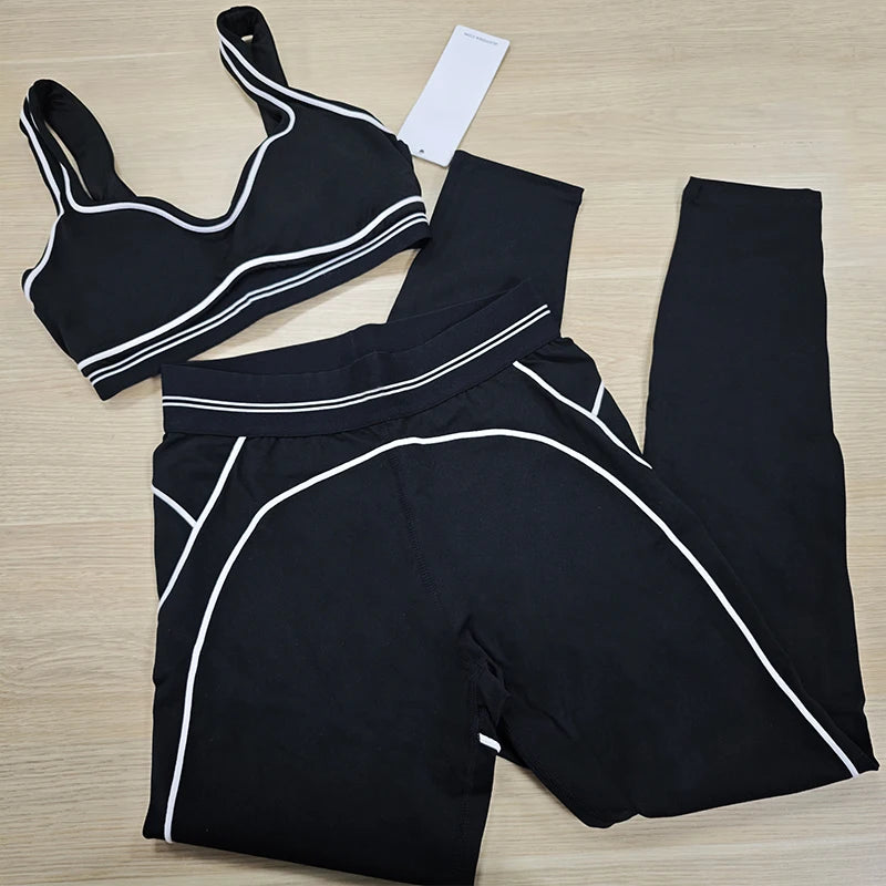 Yoga Suit Women Sport Set Pilates Clothing High Waisted Elasticized Leggings Hip Lifting Pants Gather Top Vest Strip Workout Set