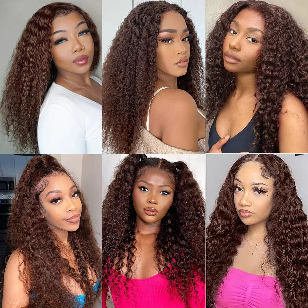 34 Inch Deep Wavy Lace Front Wig in Chocolate Brown Featuring 200 Density And 13X6 HD Lace. This Curly Human Hair Wig Is Ideal for Women And Comes with Pre-Added Natural Hair Threads in Shade 4 Brown