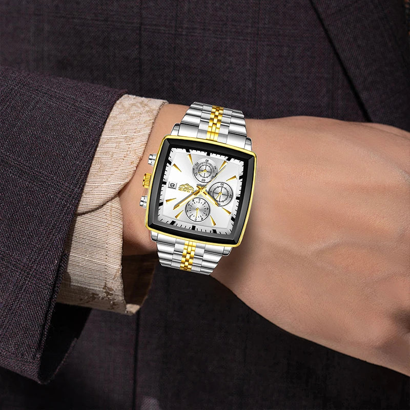 LIGE Business Men's Watches Square Waterproof Luminous Sports Quartz Watch Stainless Steel Strap Calendar Relogios Masculino+Box