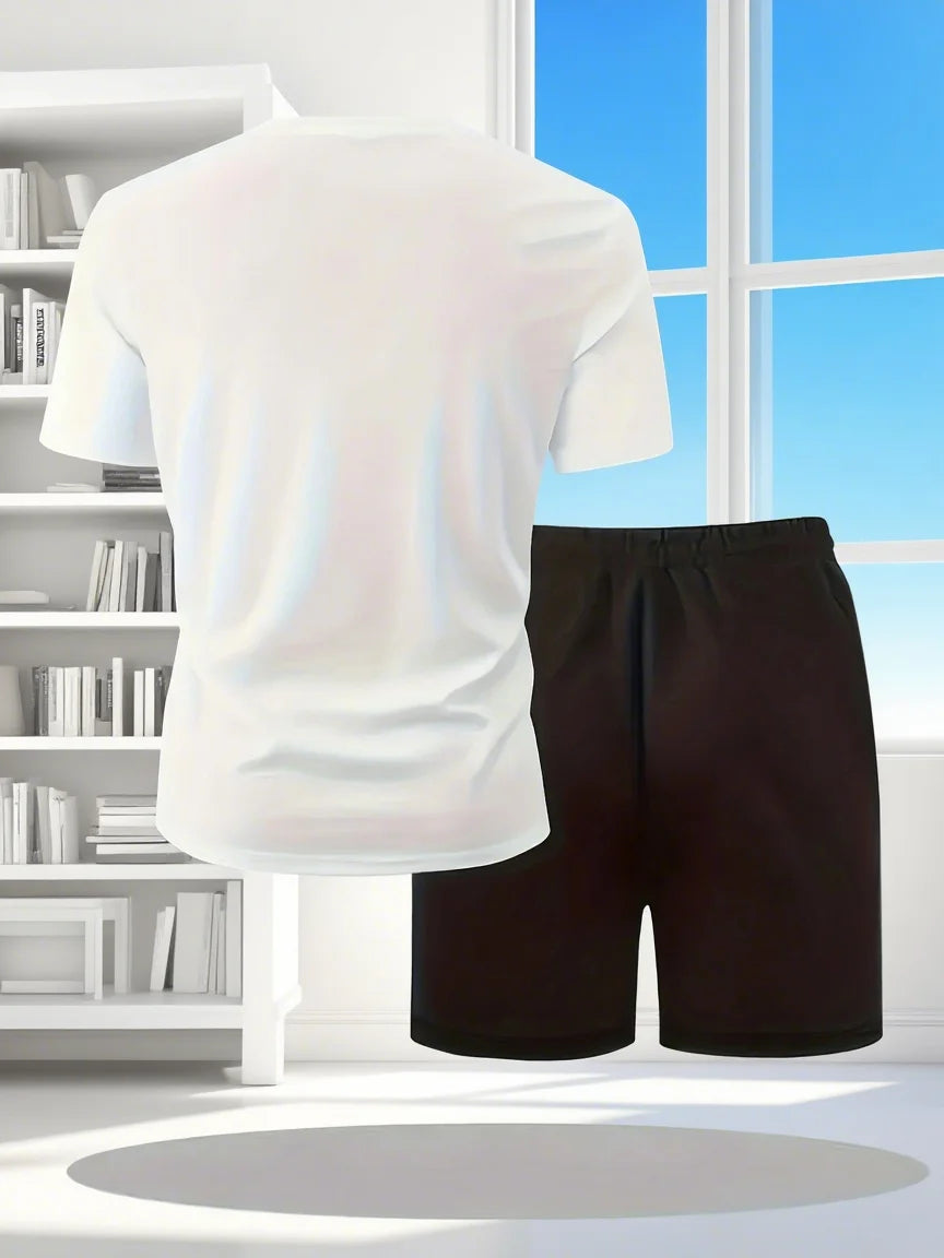 Youth Men's Fashionable Casual Sports Two-Piece Set Print Summer Short-Sleeved T-Shirt And Shorts Ensemble